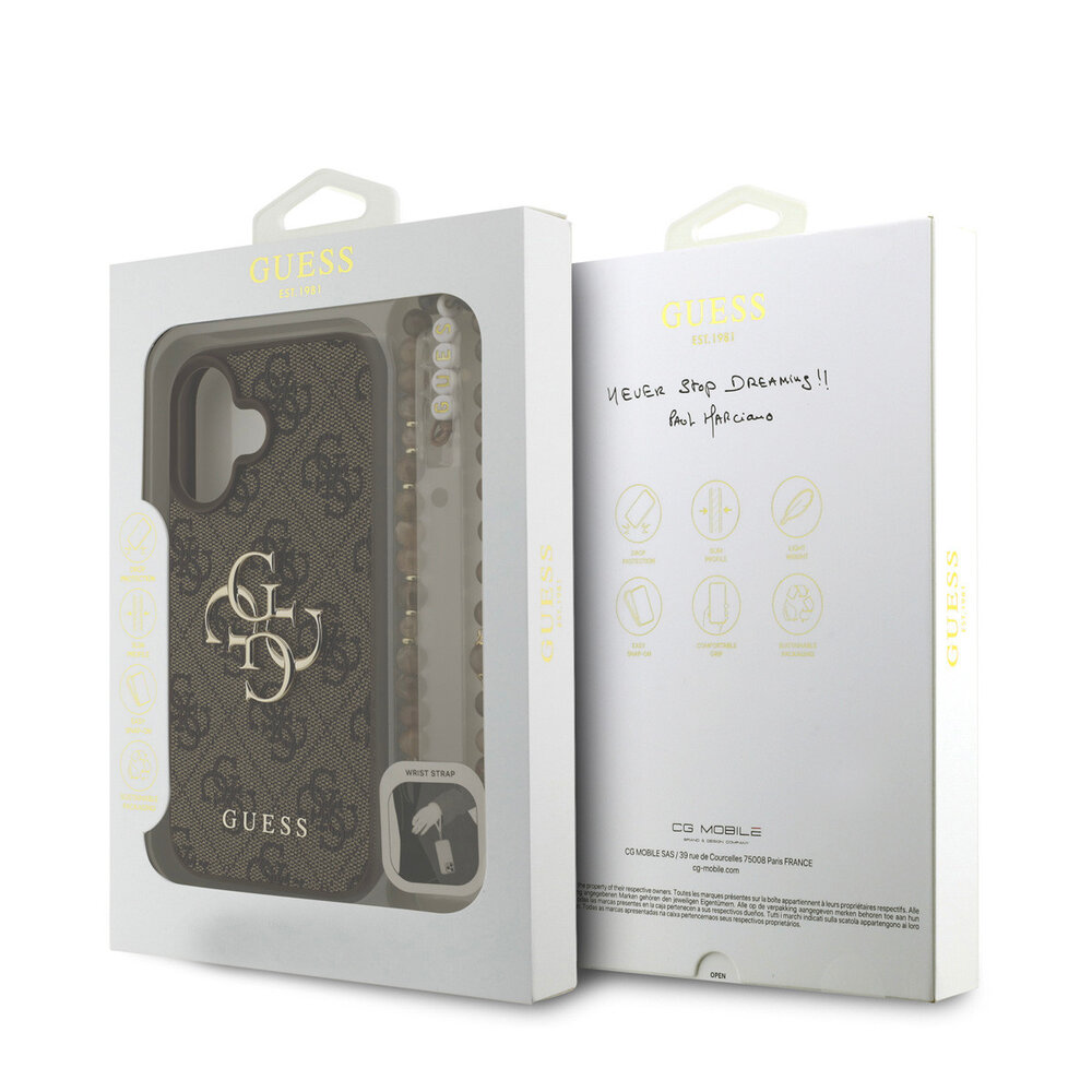 Guess Guess iPhone 16 Plus Back cover coque - MagSafe - 4G Classic Logo With Strap - Marron Guess Guess iPhone 16 Plus Back cover coque - MagSafe - 4G Classic Logo With Strap - Marron