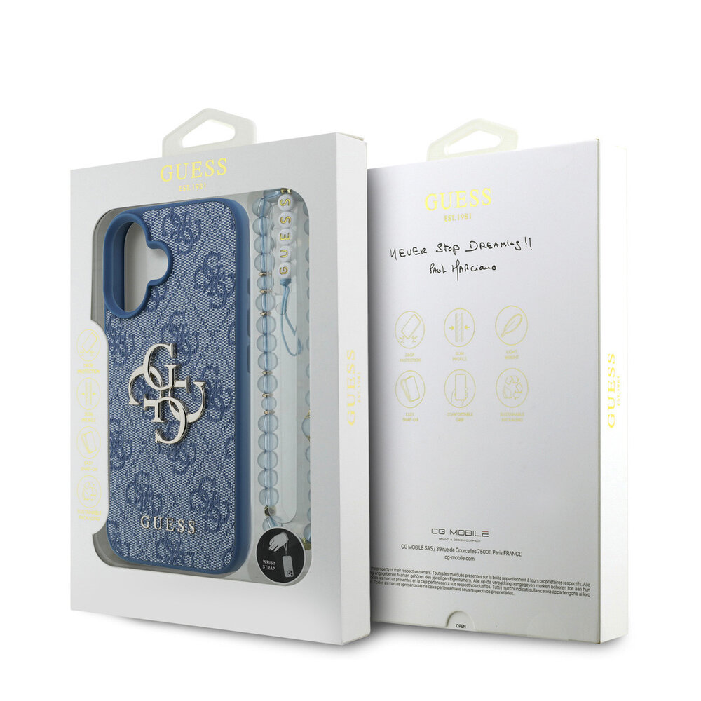 Guess Guess iPhone 16 Back cover coque - MagSafe - 4G Classic Logo With Strap - Bleu Guess Guess iPhone 16 Back cover coque - MagSafe - 4G Classic Logo With Strap - Bleu