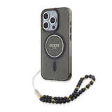 Guess Guess iPhone 15 Pro Max Backcover hoesje - MagSafe - IML Glitter With Pearl Strap - Zwart Guess Guess iPhone 15 Pro Max Backcover hoesje - MagSafe - IML Glitter With Pearl Strap - Zwart