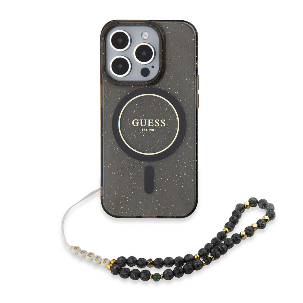 Guess Guess iPhone 15 Pro Max Back cover case - MagSafe - IML Glitter With Pearl Strap - Black