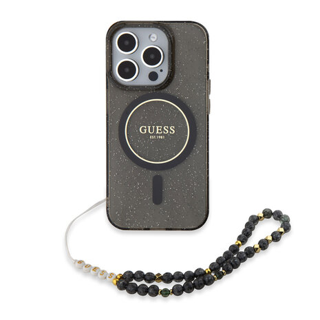 Guess Guess iPhone 15 Pro Max Back cover coque - MagSafe - IML Glitter With Pearl Strap - Noir