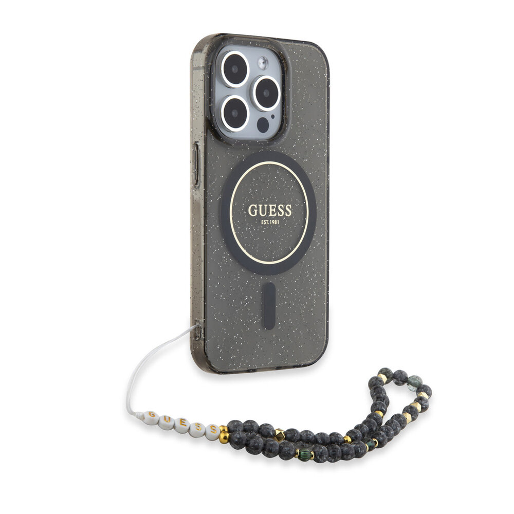 Guess Guess iPhone 15 Pro Max Back cover case - MagSafe - IML Glitter With Pearl Strap - Black