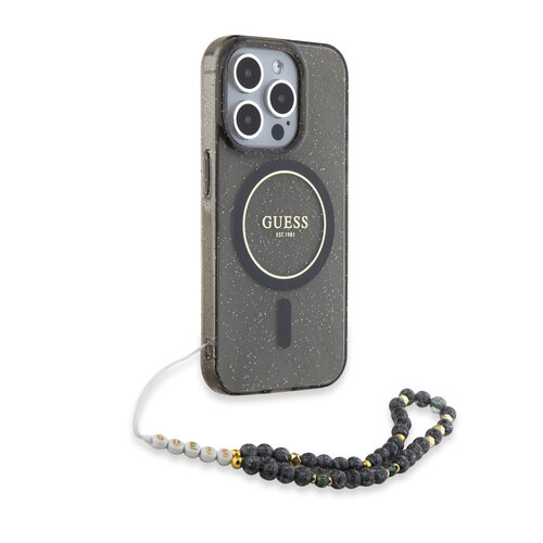 Guess Guess iPhone 15 Pro Max Back cover coque - MagSafe - IML Glitter With Pearl Strap - Noir