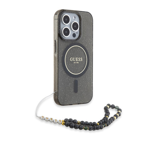 Guess Guess iPhone 15 Pro Max Back cover case - MagSafe - IML Glitter With Pearl Strap - Black
