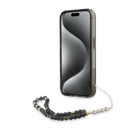 Guess Guess iPhone 15 Pro Max Back cover case - MagSafe - IML Glitter With Pearl Strap - Black