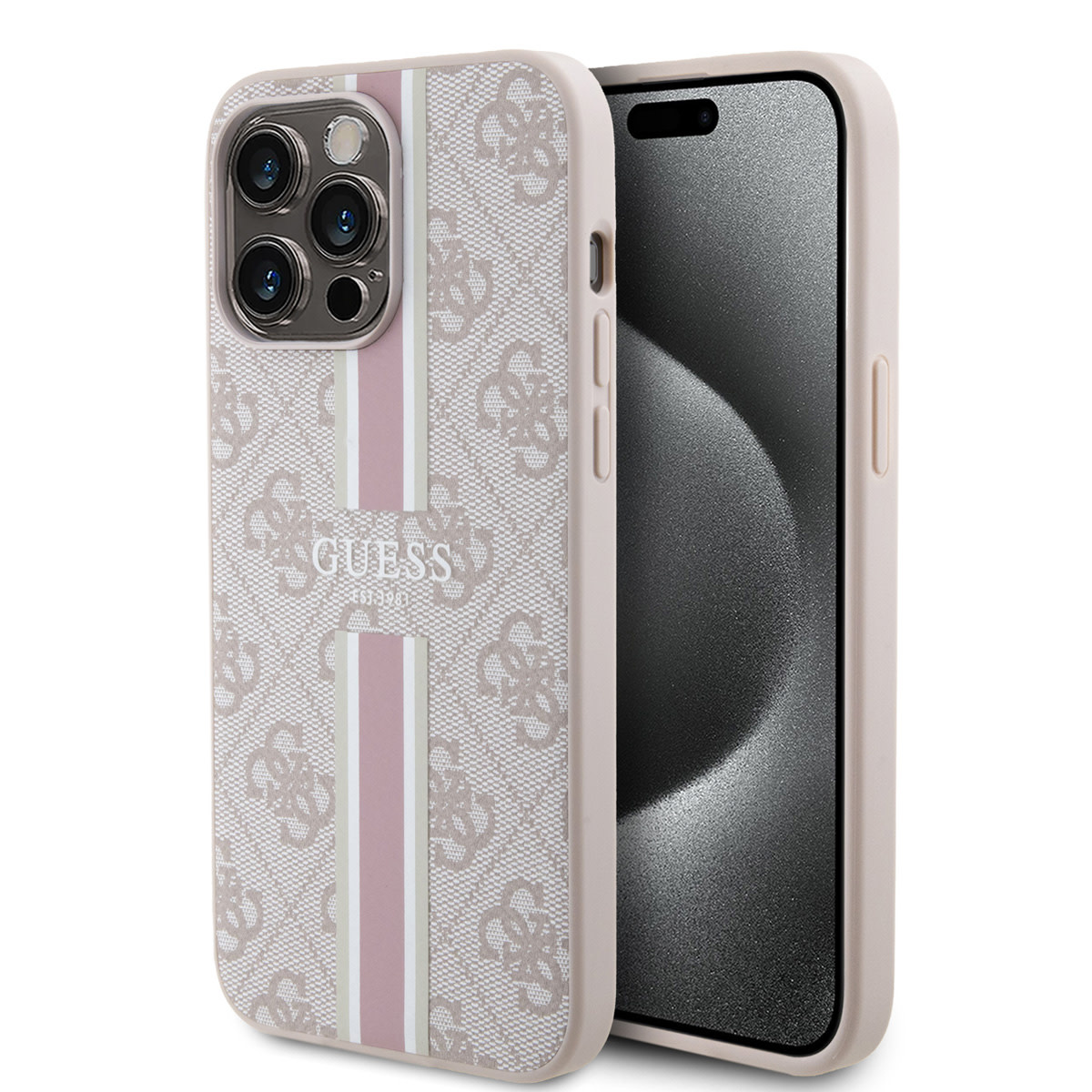 Guess Guess iPhone 15 Pro Max Backcover hoesje - MagSafe - 4G Printed Stripes - Roze