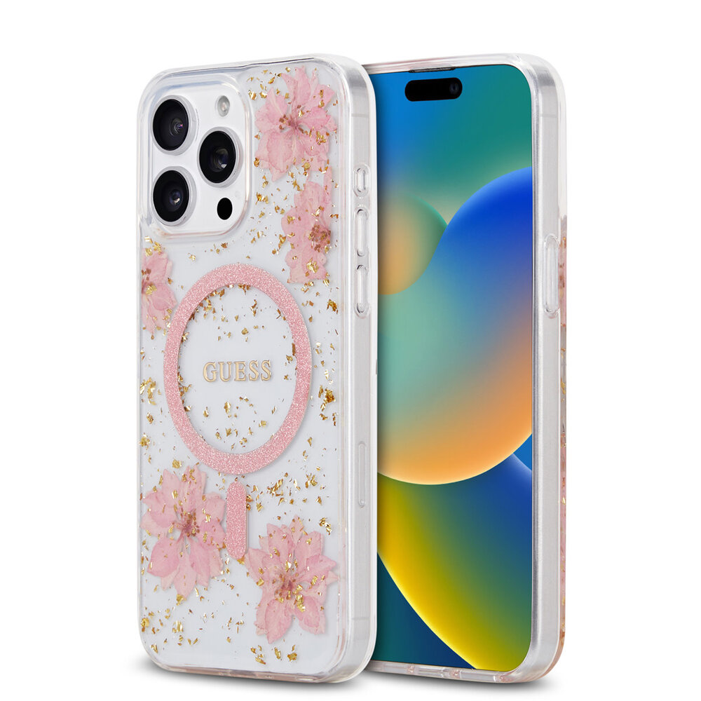 Guess Guess iPhone 15 Pro Max Back-Cover hul - MagSafe - Resin Flowers Design - Rosa