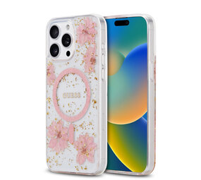 Guess Guess iPhone 15 Pro Max Backcover hoesje - MagSafe - Resin Flowers Design - Roze Guess Guess iPhone 15 Pro Max Backcover hoesje - MagSafe - Resin Flowers Design - Roze
