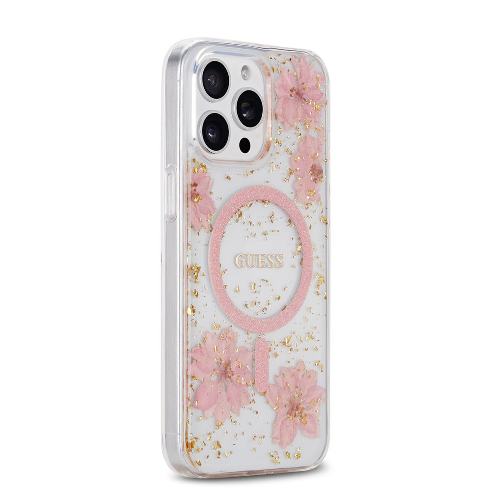 Guess Guess iPhone 15 Pro Max Back cover case - MagSafe - Resin Flowers Design - Pink