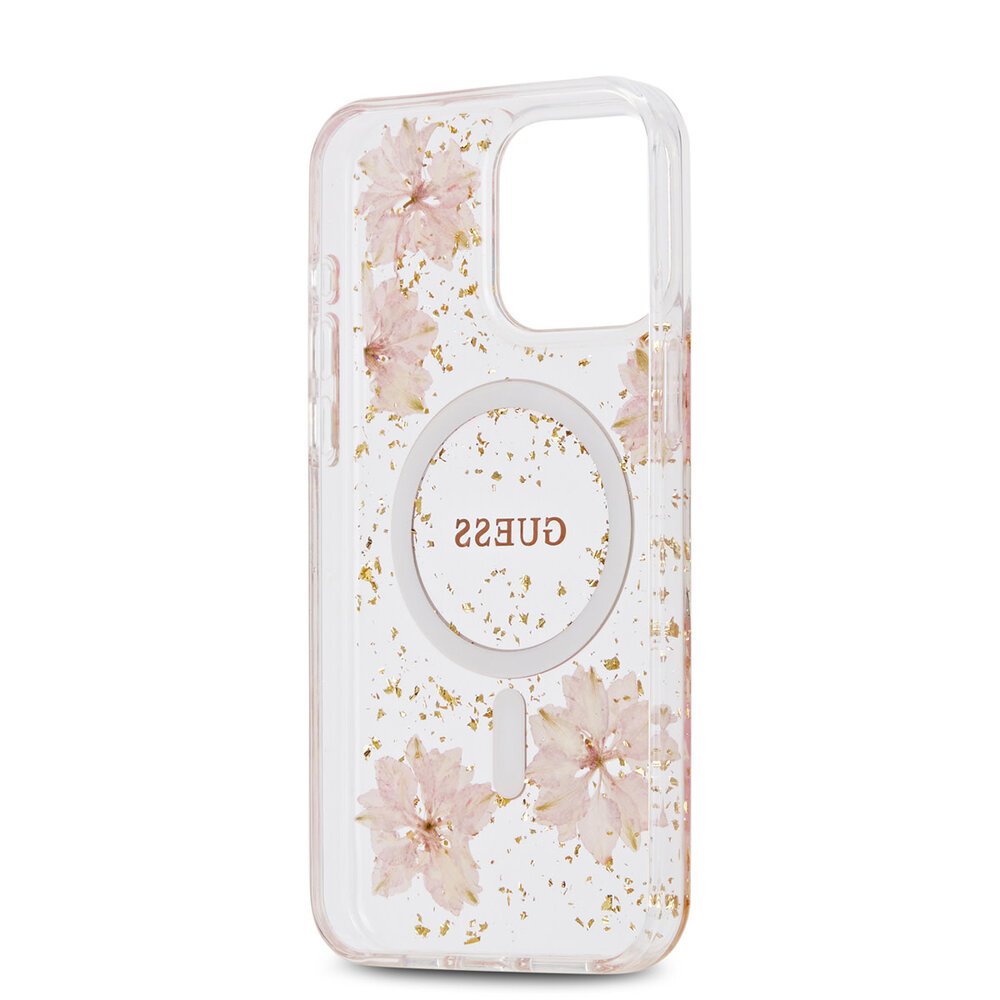 Guess Guess iPhone 15 Pro Max Backcover hoesje - MagSafe - Resin Flowers Design - Roze Guess Guess iPhone 15 Pro Max Backcover hoesje - MagSafe - Resin Flowers Design - Roze