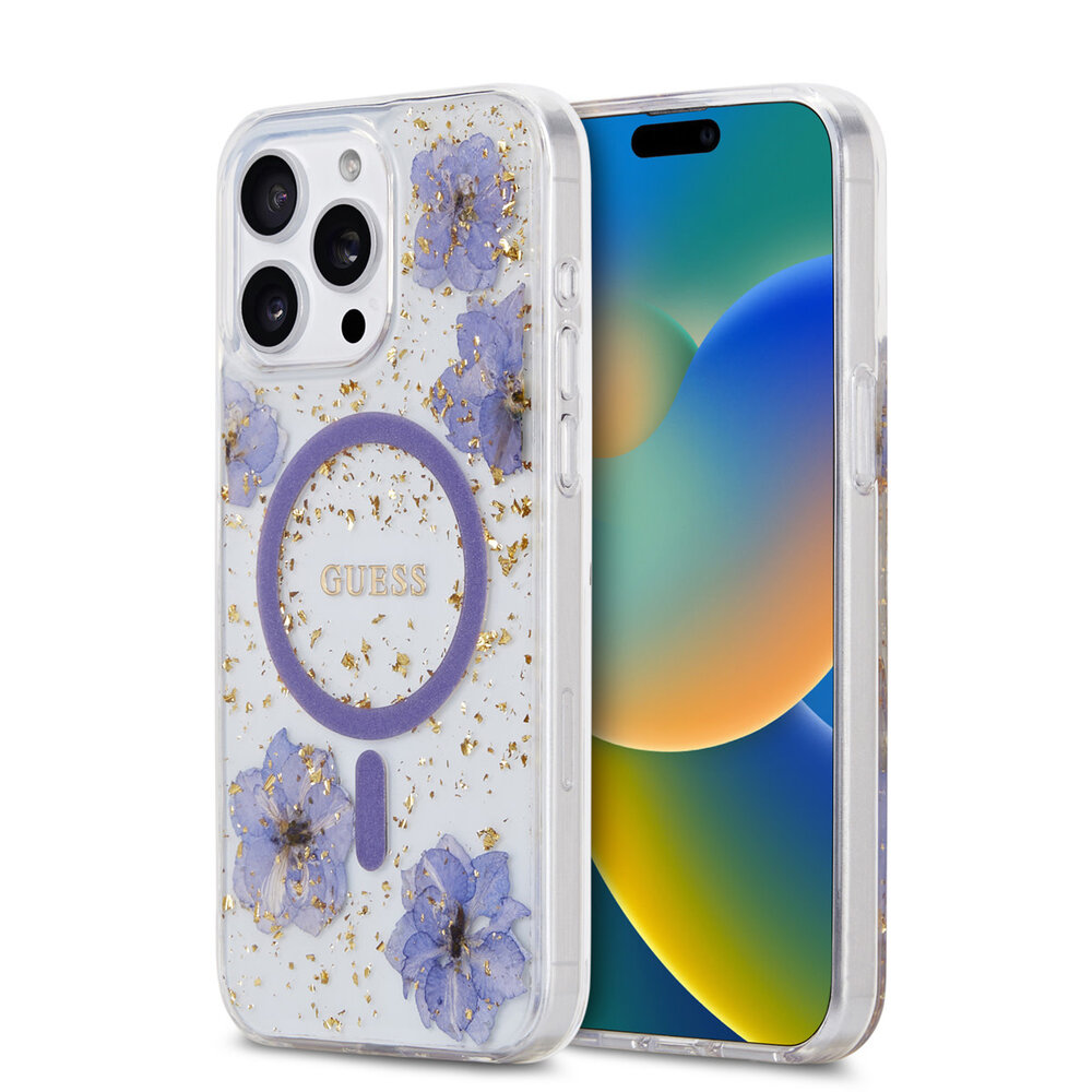 Guess Guess iPhone 15 Pro Max Back cover case - MagSafe - Resin Flowers Design - Purple