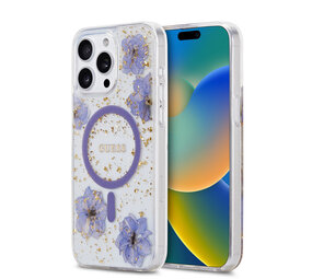 Guess Guess iPhone 15 Pro Max Back-Cover hul - MagSafe - Resin Flowers Design - Lila Guess Guess iPhone 15 Pro Max Back-Cover hul - MagSafe - Resin Flowers Design - Lila