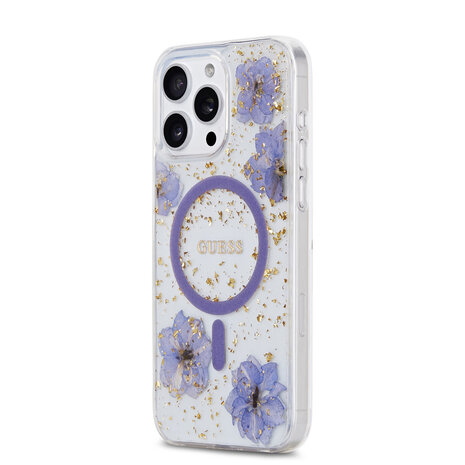 Guess Guess iPhone 15 Pro Max Back cover case - MagSafe - Resin Flowers Design - Purple