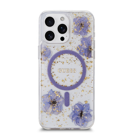 Guess Guess iPhone 15 Pro Max Back cover coque - MagSafe - Resin Flowers Design - Violet