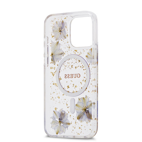 Guess Guess iPhone 15 Pro Max Backcover hoesje - MagSafe - Resin Flowers Design - Paars Guess Guess iPhone 15 Pro Max Backcover hoesje - MagSafe - Resin Flowers Design - Paars