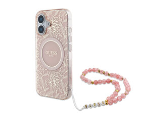 Guess Guess iPhone 16 Back cover case - MagSafe IML - Pearl Strap & Electroplated Flower Design - Pink Guess Guess iPhone 16 Back cover case - MagSafe IML - Pearl Strap & Electroplated Flower Design - Pink