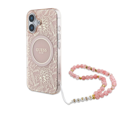 Guess Guess iPhone 16 Back cover coque - MagSafe IML - Pearl Strap & Electroplated Flower Design - Rose Guess Guess iPhone 16 Back cover coque - MagSafe IML - Pearl Strap & Electroplated Flower Design - Rose