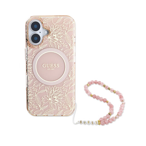 Guess Guess iPhone 16 Back cover case - MagSafe IML - Pearl Strap & Electroplated Flower Design - Pink