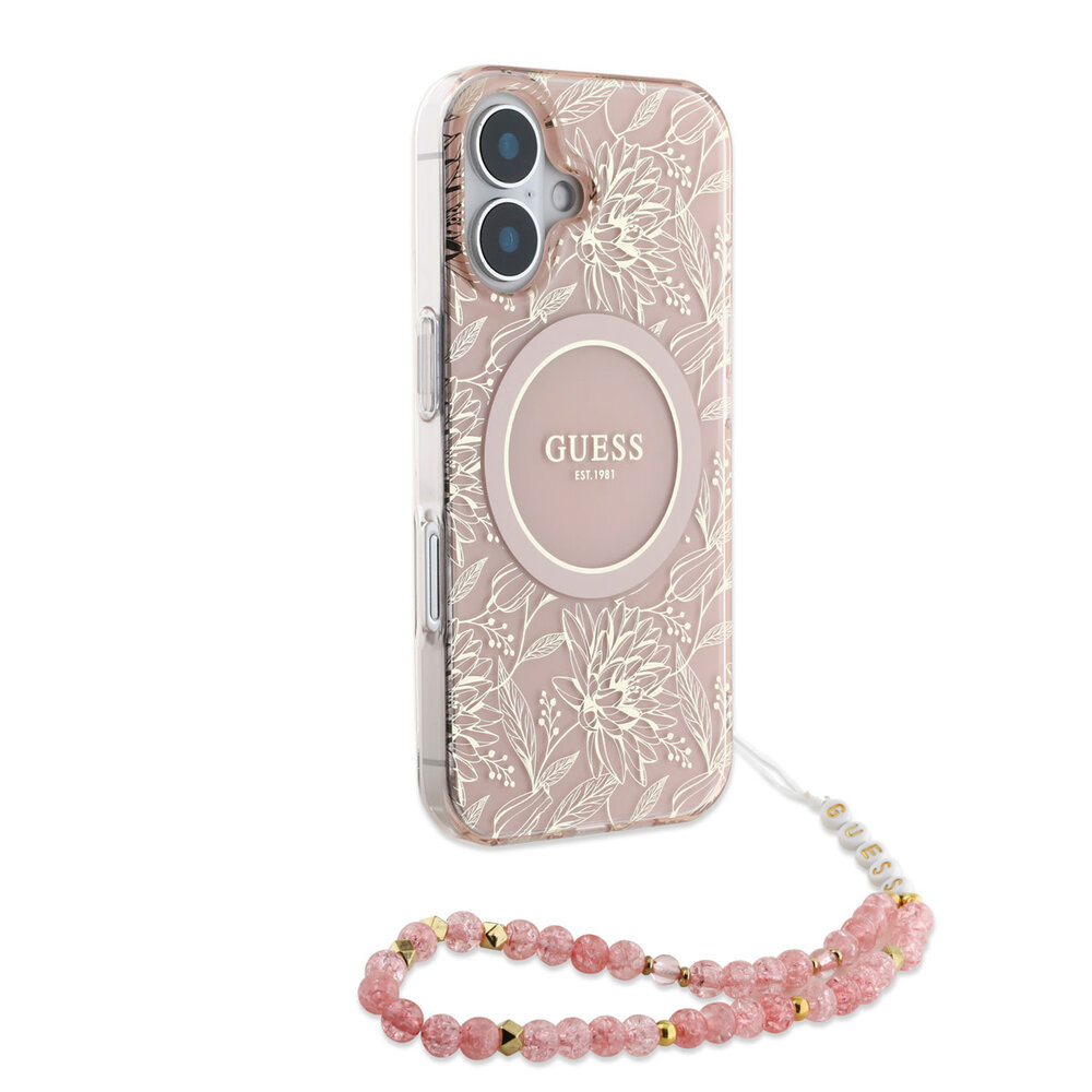 Guess Guess iPhone 16 Back-Cover hul - MagSafe IML - Pearl Strap & Electroplated Flower Design - Rosa Guess Guess iPhone 16 Back-Cover hul - MagSafe IML - Pearl Strap & Electroplated Flower Design - Rosa