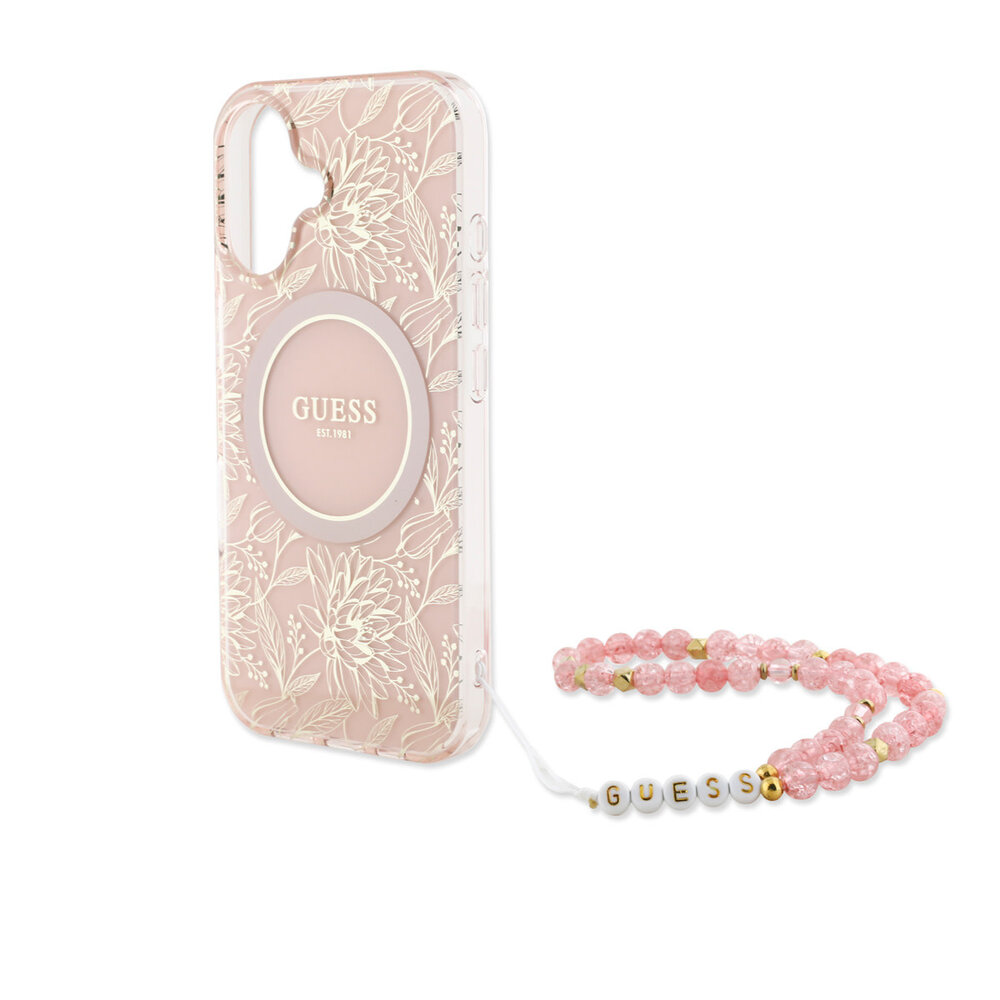 Guess Guess iPhone 16 Back cover case - MagSafe IML - Pearl Strap & Electroplated Flower Design - Pink