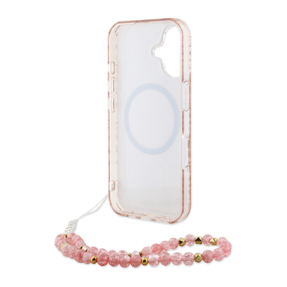 Guess Guess iPhone 16 Back cover case - MagSafe IML - Pearl Strap & Electroplated Flower Design - Pink