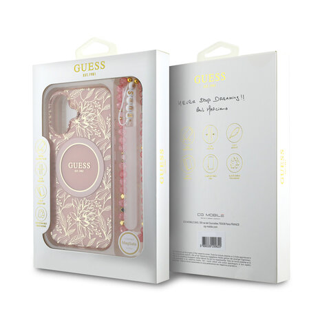 Guess Guess iPhone 16 Back cover coque - MagSafe IML - Pearl Strap & Electroplated Flower Design - Rose Guess Guess iPhone 16 Back cover coque - MagSafe IML - Pearl Strap & Electroplated Flower Design - Rose