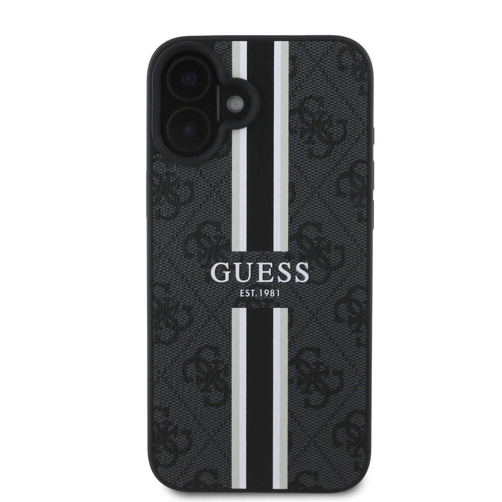 Guess Guess iPhone 16 Backcover hoesje - MagSafe - 4G Printed Stripes - Zwart Guess Guess iPhone 16 Backcover hoesje - MagSafe - 4G Printed Stripes - Zwart