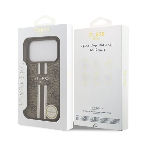 Guess Guess iPhone 17 Pro Back cover coque - MagSafe - 4G Printed Stripes - Marron Guess Guess iPhone 17 Pro Back cover coque - MagSafe - 4G Printed Stripes - Marron