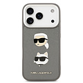 Karl Lagerfeld Karl Lagerfeld iPhone 17 Pro/iPhone 18 Pro Coque arrière Finition grainée Pins représentant les têtes de Karl & Choupette - Gris