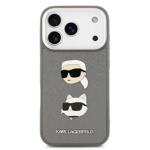 Karl Lagerfeld Karl Lagerfeld iPhone 17 Pro/iPhone 18 Pro Coque arrière Finition grainée Pins représentant les têtes de Karl & Choupette - Gris