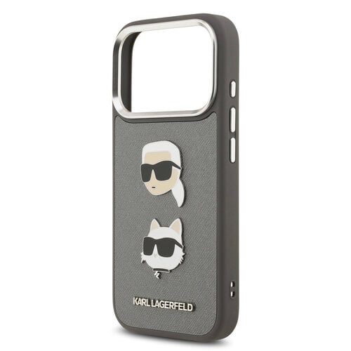 Karl Lagerfeld Karl Lagerfeld iPhone 17 Pro/iPhone 18 Pro Coque arrière Finition grainée Pins représentant les têtes de Karl & Choupette - Gris