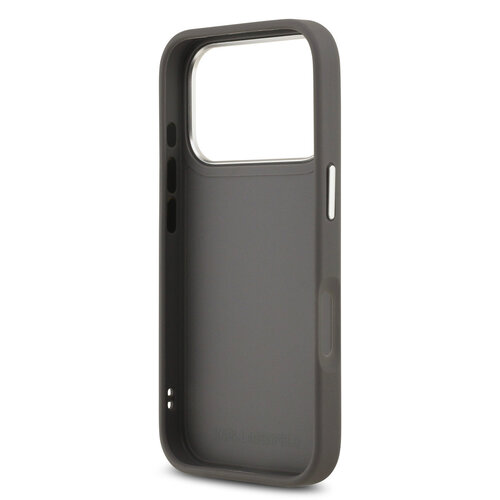 Karl Lagerfeld Karl Lagerfeld iPhone 17 Pro/iPhone 18 Pro Coque arrière Finition grainée Pins représentant les têtes de Karl & Choupette - Gris