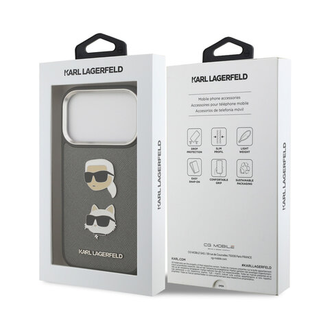 Karl Lagerfeld Karl lagerfeld iPhone 17 Pro Back cover coque - Grained - K&C Heads Pins - Gris Karl Lagerfeld Karl lagerfeld iPhone 17 Pro Back cover coque - Grained - K&C Heads Pins - Gris
