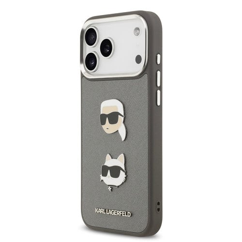 Karl Lagerfeld Karl Lagerfeld iPhone 17 Pro Max/iPhone 18 Pro Max Coque arrière Finition grainée Pins représentant les têtes de Karl & Choupette - Gris