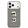 Karl Lagerfeld Karl Lagerfeld iPhone 17 Pro Max/iPhone 18 Pro Max Coque arrière Finition grainée Pins représentant les têtes de Karl & Choupette - Gris