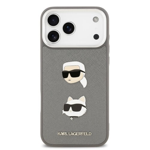 Karl Lagerfeld Karl Lagerfeld iPhone 17 Pro Max/iPhone 18 Pro Max Coque arrière Finition grainée Pins représentant les têtes de Karl & Choupette - Gris