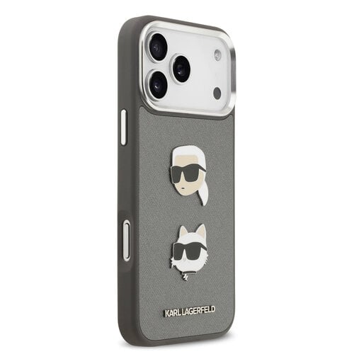 Karl Lagerfeld Karl Lagerfeld iPhone 17 Pro Max/iPhone 18 Pro Max Coque arrière Finition grainée Pins représentant les têtes de Karl & Choupette - Gris