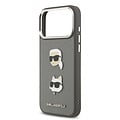 Karl Lagerfeld Karl Lagerfeld iPhone 17 Pro Max/iPhone 18 Pro Max Coque arrière Finition grainée Pins représentant les têtes de Karl & Choupette - Gris