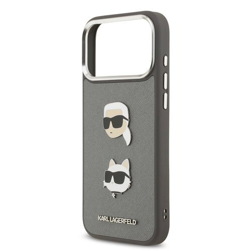 Karl Lagerfeld Karl Lagerfeld iPhone 17 Pro Max/iPhone 18 Pro Max Coque arrière Finition grainée Pins représentant les têtes de Karl & Choupette - Gris