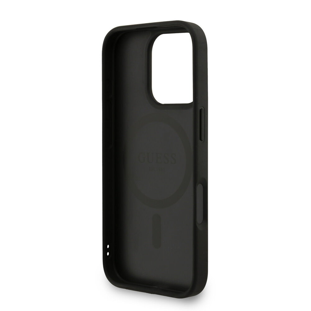 Guess Guess iPhone 16 Pro Backcover hoesje - MagSafe - 4G Triangle Logo With Strap - Zwart Guess Guess iPhone 16 Pro Backcover hoesje - MagSafe - 4G Triangle Logo With Strap - Zwart