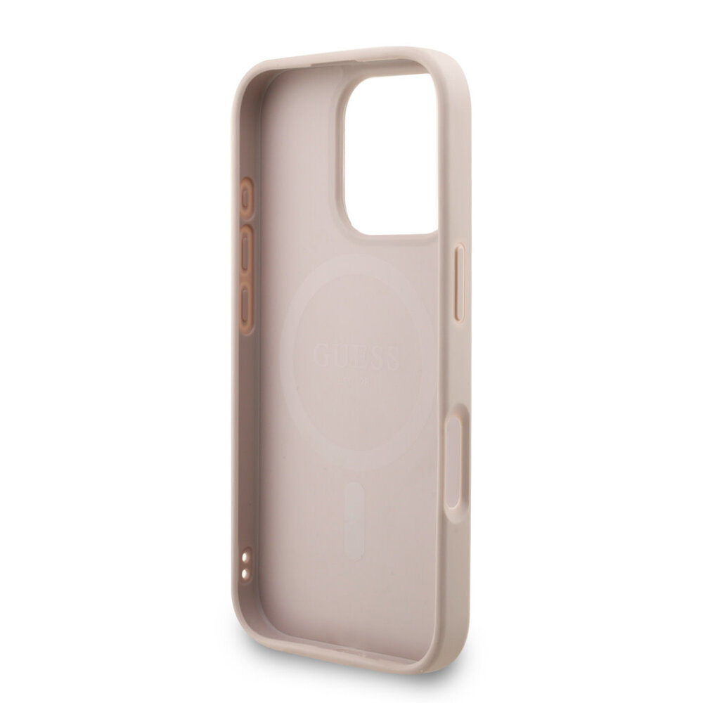 Guess Guess iPhone 16 Pro Backcover hoesje - MagSafe - 4G Triangle Logo With Strap - Roze Guess Guess iPhone 16 Pro Backcover hoesje - MagSafe - 4G Triangle Logo With Strap - Roze
