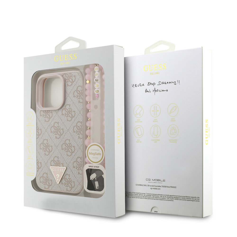 Guess Guess iPhone 16 Pro Back cover coque - MagSafe - 4G Triangle Logo With Strap - Rose Guess Guess iPhone 16 Pro Back cover coque - MagSafe - 4G Triangle Logo With Strap - Rose