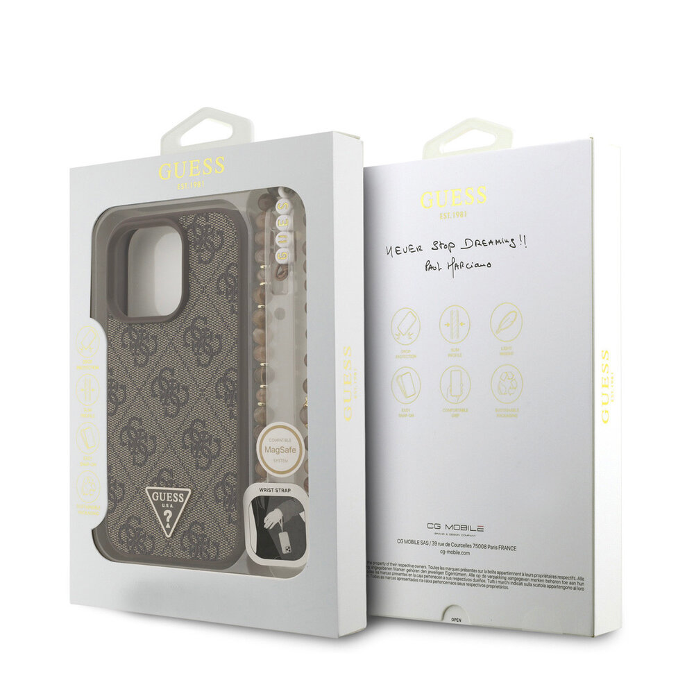 Guess Guess iPhone 16 Pro Back cover case - MagSafe - 4G Triangle Logo With Strap - Brown Guess Guess iPhone 16 Pro Back cover case - MagSafe - 4G Triangle Logo With Strap - Brown