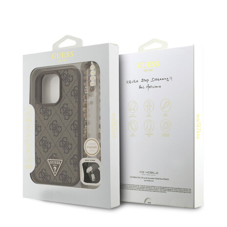 Guess Guess iPhone 16 Pro Back cover coque - MagSafe - 4G Triangle Logo With Strap - Marron