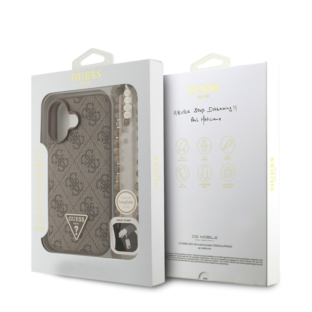 Guess Guess iPhone 16 Backcover hoesje - MagSafe - 4G Triangle Logo With Strap - Bruin Guess Guess iPhone 16 Backcover hoesje - MagSafe - 4G Triangle Logo With Strap - Bruin