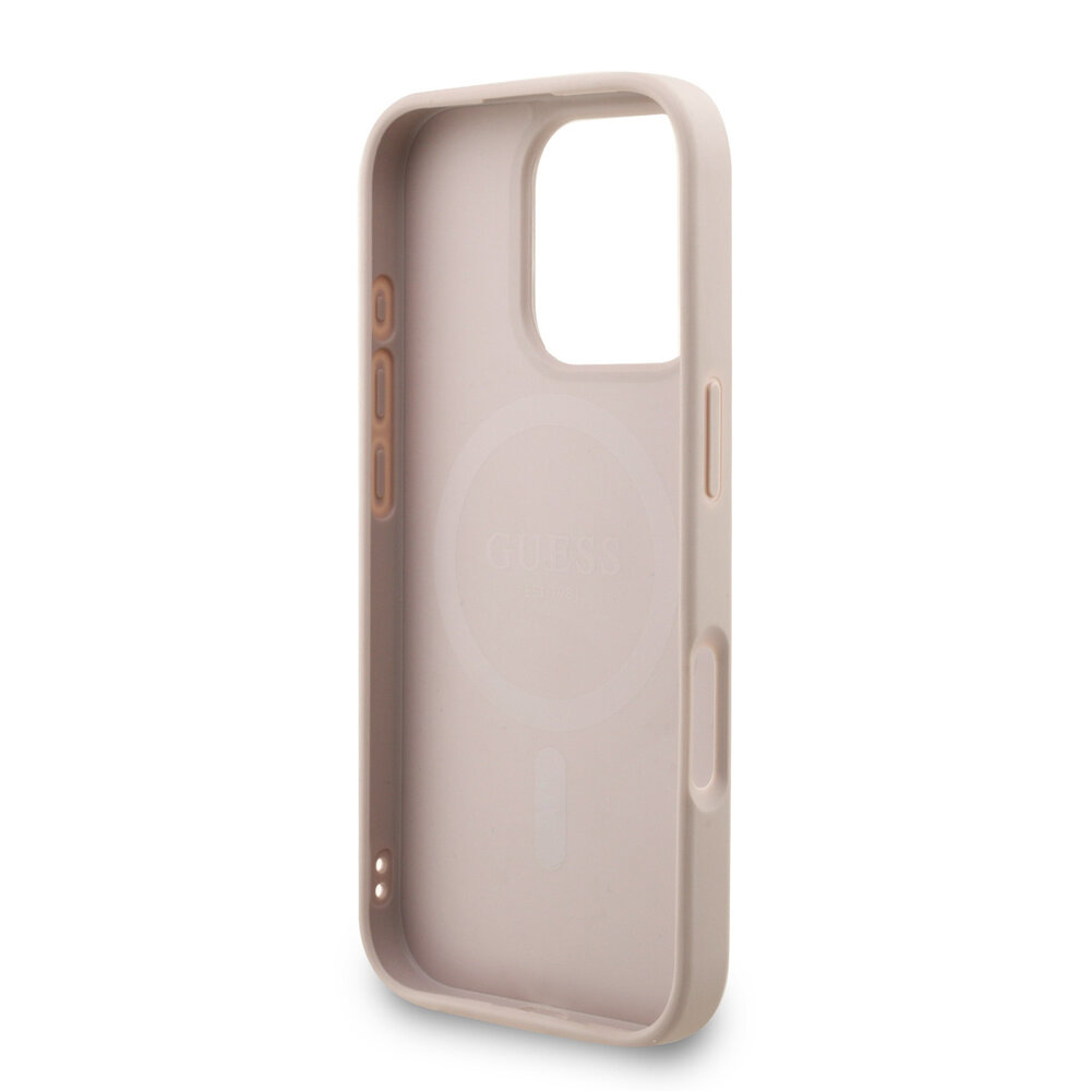 Guess Guess iPhone 16 Pro Max Backcover hoesje - MagSafe - 4G Triangle Logo With Strap - Roze Guess Guess iPhone 16 Pro Max Backcover hoesje - MagSafe - 4G Triangle Logo With Strap - Roze