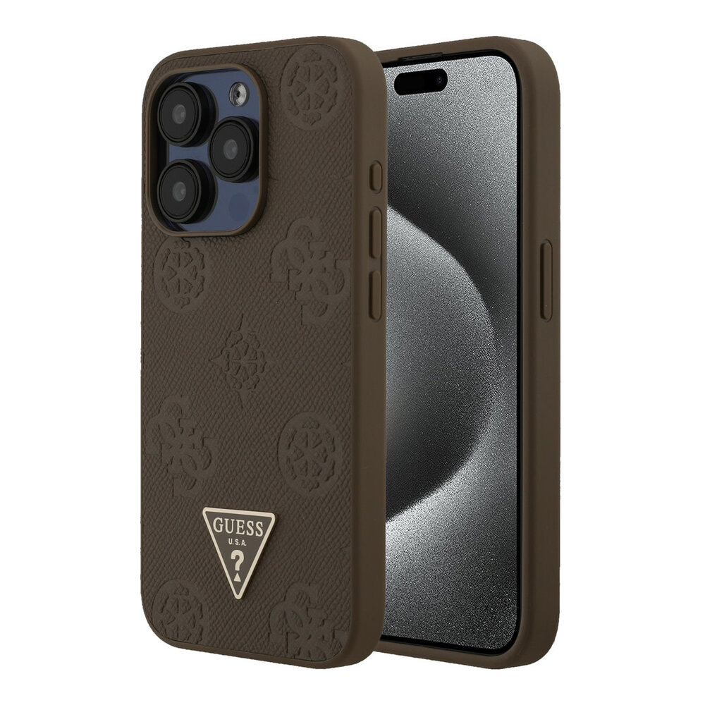 Guess Guess iPhone 15 Pro Backcover hoesje - HC O Grained PU HS Peony And Triangle Logo - Bruin Guess Guess iPhone 15 Pro Backcover hoesje - HC O Grained PU HS Peony And Triangle Logo - Bruin