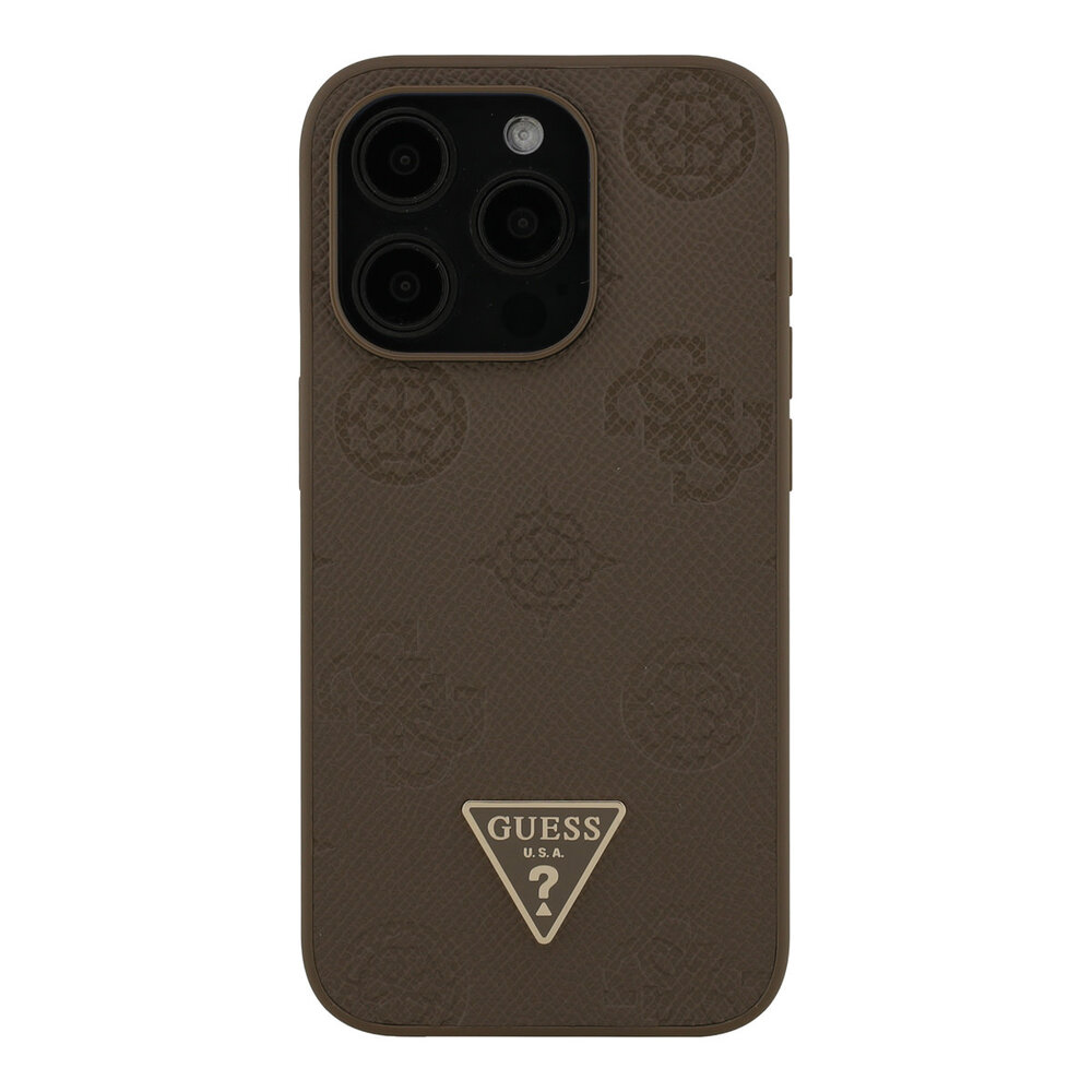Guess Guess iPhone 15 Pro Backcover hoesje - HC O Grained PU HS Peony And Triangle Logo - Bruin Guess Guess iPhone 15 Pro Backcover hoesje - HC O Grained PU HS Peony And Triangle Logo - Bruin