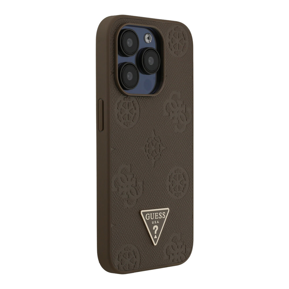 Guess Guess iPhone 15 Pro Back cover case - HC O Grained PU HS Peony And Triangle Logo - Brown Guess Guess iPhone 15 Pro Back cover case - HC O Grained PU HS Peony And Triangle Logo - Brown