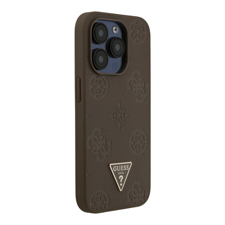 Guess Guess iPhone 15 Pro Backcover hoesje - HC O Grained PU HS Peony And Triangle Logo - Bruin Guess Guess iPhone 15 Pro Backcover hoesje - HC O Grained PU HS Peony And Triangle Logo - Bruin